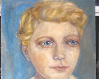 Vintage WOMAN w/ Short Wavy BLOND Hair, Butter Yellow Top, Oil Portrait PAINTING, 18 x 24 in., c 1970s