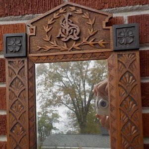 Antique Vintage Hand-CARVED WOOD Four Leaf Clover Corners Folk Art Wall MIRROR Frame, 10 7/8 x 15 in.