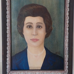 Vintage Brunette WOMAN in Blue Oil PORTRAIT Painting Framed c1970s, 12 3/4 x 16 5/8 in.