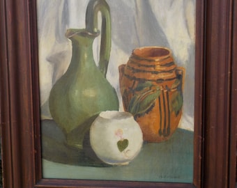 STILL LIFE , Arts & Crafts ,Art Deco , Mission, Green POTTERY Roseville, Original Oil Painting ,Framed c1947 , 16 1/2 x 20 1/2 in.