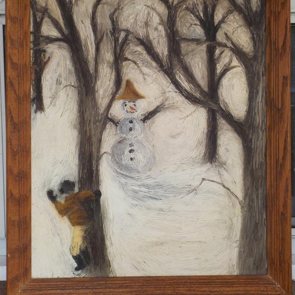 Vintage OUTSIDER Art, Snowball Fight SNOWMAN Trees, Eerie Winter Landscape , Large Oil Painting Framed c1960s , 20 3/4 x 27 in.