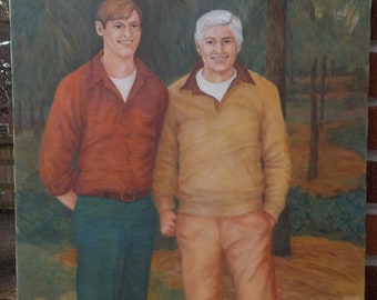 Vintage Older MAN & Young Man , Retro Fashion , Large Amateur Oil Portrait Painting , c1988, 20 x 24 in.
