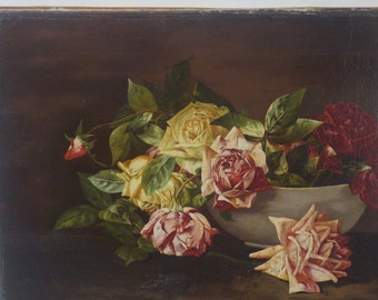 Antique Gorgeous, VICTORIAN PINK & White  Ruby Red ROSES in Bowl, Original Oil Painting c1905