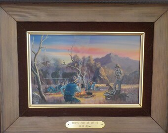 TEXAS Artist Oil Painting, P. B. KIME Original, ' Hopin For an Invite' , COWBOYS Cowpokes at Campfire, Framed c1988 , 13 x 16 1/2 in.