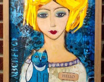 Original BLOND Woman BLUE CAT Mixed Media Whimsical Painting Framed