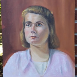 Vintage WOMAN Blond Hair,  Powder PINK Sweater, Oil PORTRAIT Painting ,c1980s , 16 x 20 in.