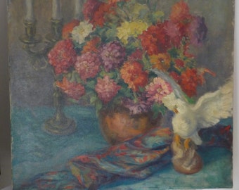 Vintage Art Deco Colorful CYRSANTHEMUM Flowers, White COCKATOO Bird,  Still Life Oil Painting ,Lstd. Viola BARLOGA c1930s