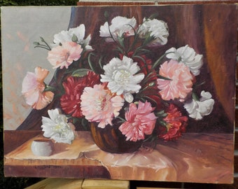 Vintage PINK & WHITE CARNATION Flowers Still Life Oil Painting by L. Clifford c1975