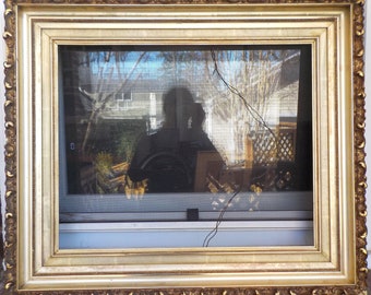 May include: Ornate gold picture frame with a detailed, textured design. The frame surrounds a window with a screen, reflecting an outdoor scene with trees and a house. The frame is rectangular and has a decorative border.