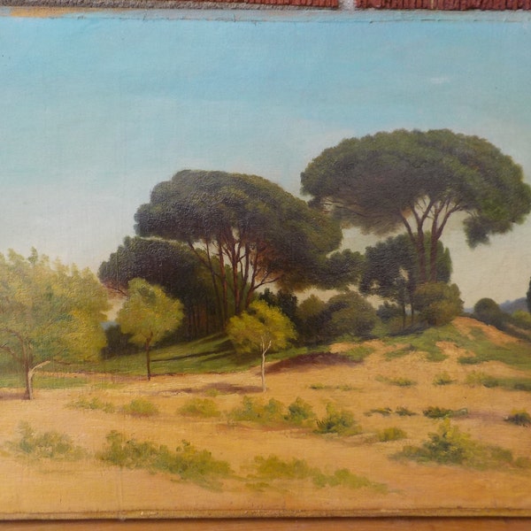 Antique ITALIAN Stone Pine Cypress Trees LANDSCAPE Oil Painting c1900s