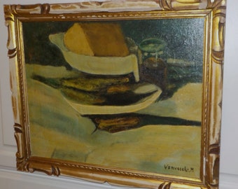 DANISH Belgium Swedish Oil Painting,  FISH Cheese on Table Still Life Original, Framed c1940-50s , 19 x 22 3/4 in.