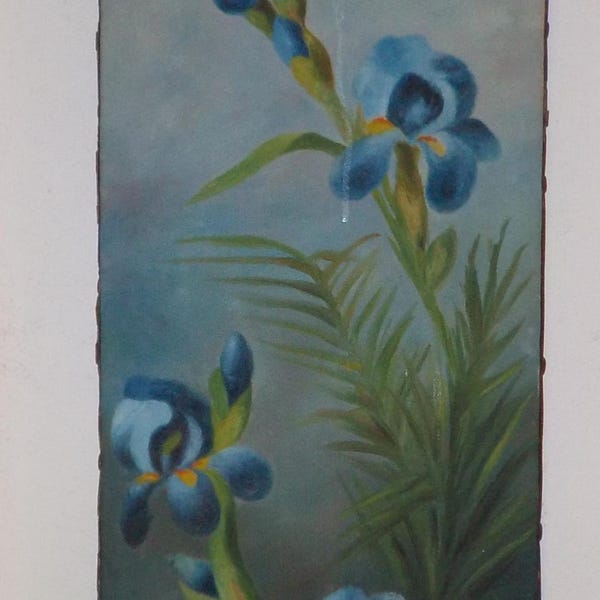 Vintage Victorian Style, Sunday Art , BLUE & Yellow IRIS FLOWERS ,Naive Tall Oil Painting, c1935, 10 x 34 1/2 in.