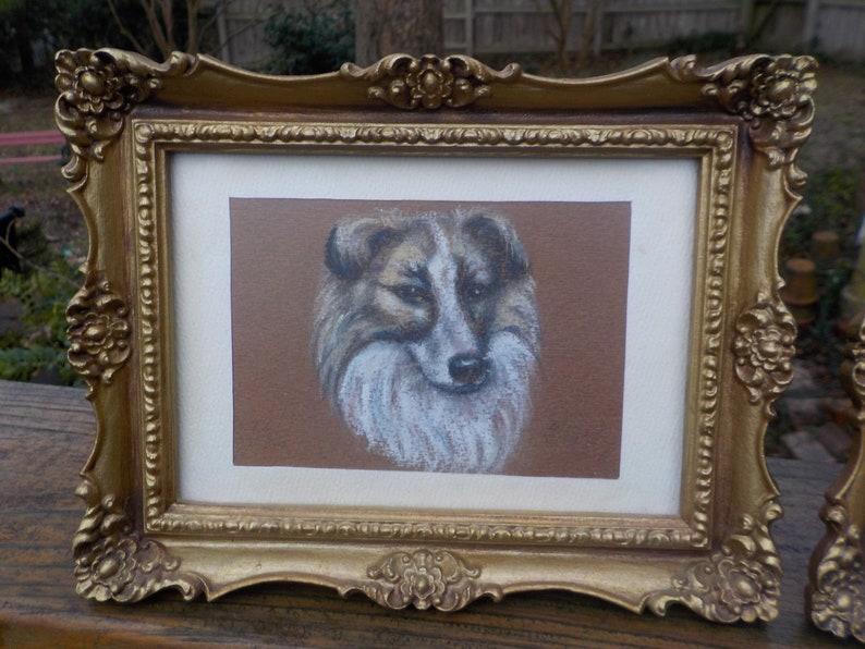 Vintage MINIATURE Small Mid-century DOG PASTEL Drawings Portraits Gold French Style Plastic Frames c1970s