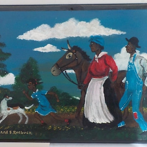 Vintage African American BLACK Family, Sharecropper Farmers , Donkey & Dog, FOLK Art on Wood ,by Richard E. ROEBUCK , 9 x 11 7/8 in.