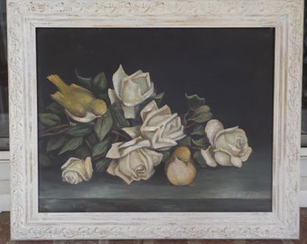 Original Charming BIRDS & WHITE ROSES , Victorian Style, Acrylic Painting  by C. Hillard 2009 Framed