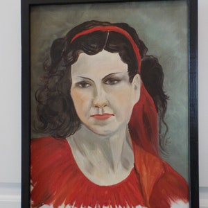 Vintage PORTRAIT, BRUNETTE Woman w/ RED Scarf Oil Painting ,Framed c1970s , 13 x 17 in.