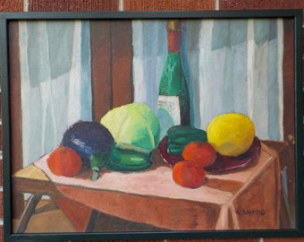 Vintage Midcentury MODERNIST ,Still Life CABBAGE Eggplant Vegetables , Oil PAINTING Framed, by Shapiro c1950s , 18 x 24 in.