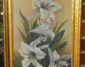 Antique WHITE LILY FLOWERS  Oil Painting Gilt Gold Frame c1900s