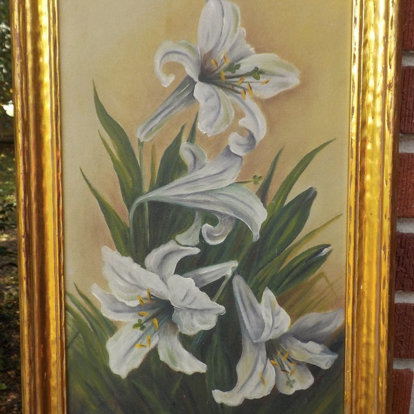 Antique WHITE LILY FLOWERS  Oil Painting Gilt Gold Frame c1900s