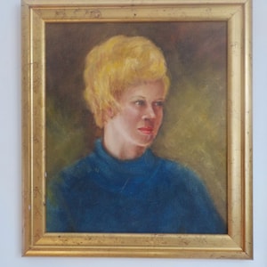Vintage Midcentury , BLOND WOMAN in Blue , Oil Portrait Painting, Framed , c1960s,15 x 16 3/4 in.