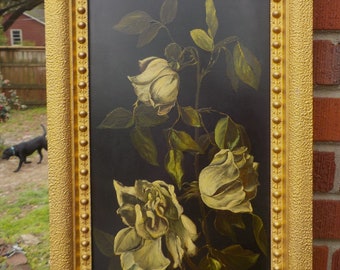 Antique Victorian , GOTHIC WHITE ROSES , Black Background , Sunday Art, Oil Painting ,Gold Frame c1860-70s