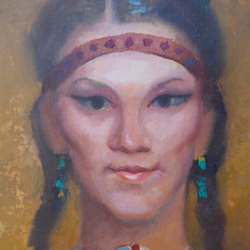 Vintage Midcentury GIRL in Native AMERICAN INDIAN Maiden Dress Oil Portrait shops Painting c1960s