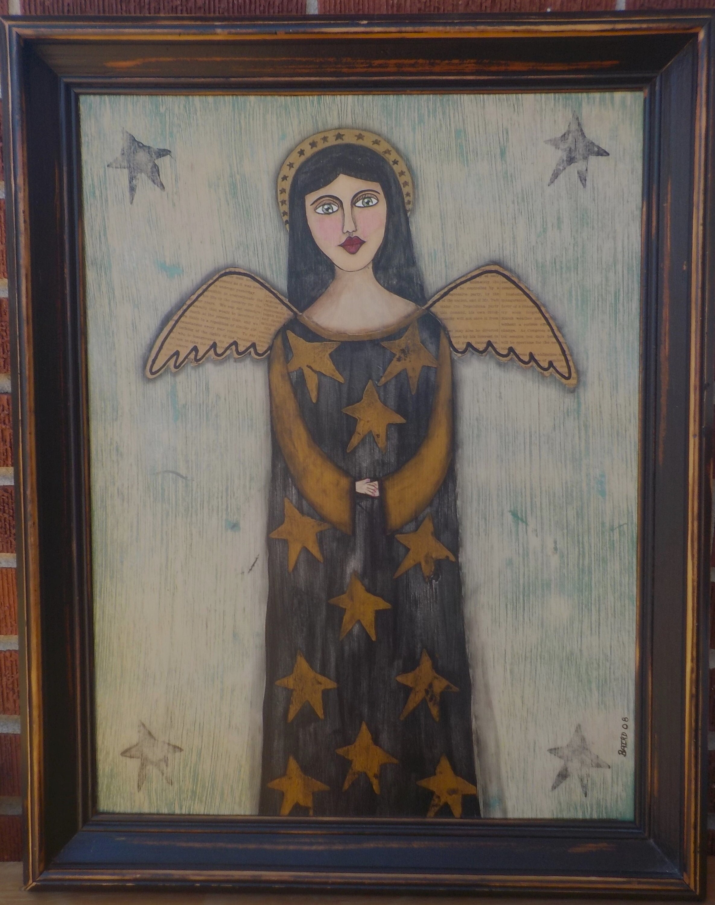 Original Primitive FOLK ART ANGEL in Black Dress Gold Stars