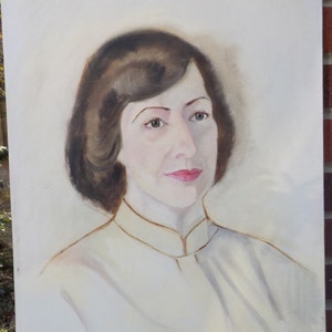 Vintage PORTRAIT , Brunette WOMAN in Beige Blouse , Oil  Painting c1980s , 16 x 20 in.