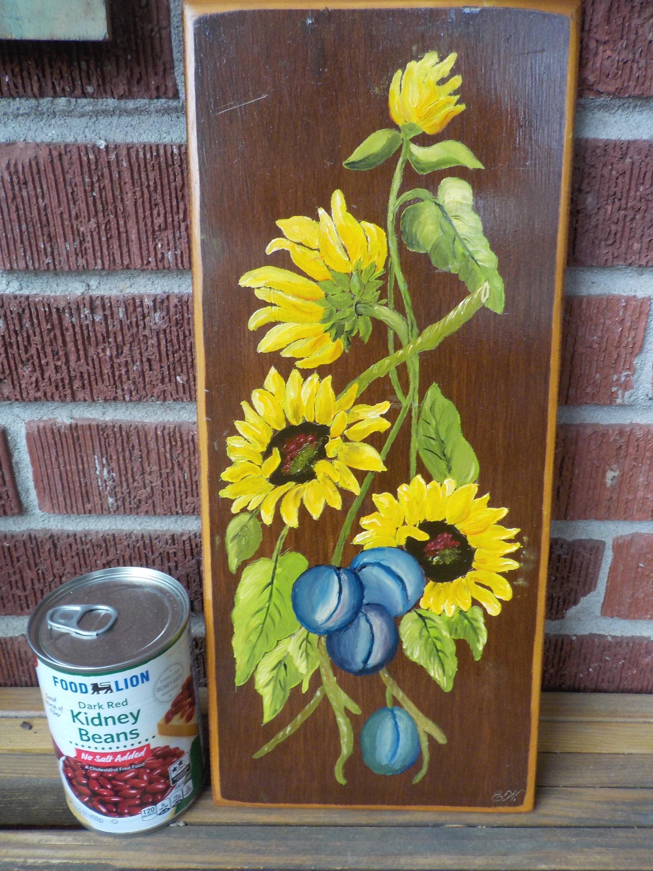 Vintage Yellow SUNFLOWERS & Plums, Naive Oil PAINTING on WOOD, 6 1/2 x 15 in., c1970s