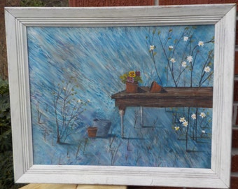 SURREAL Outsider Abstract Art BLUE Garden Potting  FLOWERS Oil Painting Framed c1985