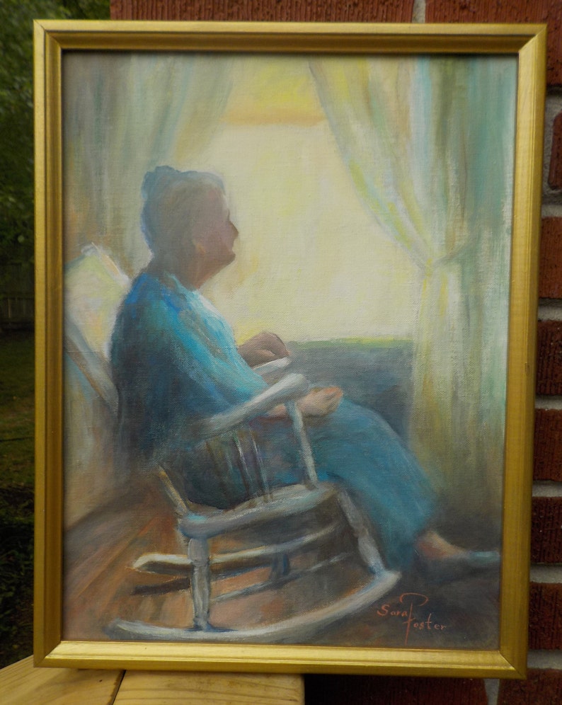 Elderly WOMAN Grandmother ROCKING shops Chair by WINDOW Oil Painting Framed c1960s