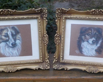 Vintage MINIATURE , Small Mid-century DOG PASTEL Drawings, Portraits , Gold French Style Plastic Frames ,c1970s , 6 5/8 x 8 5/8 in.