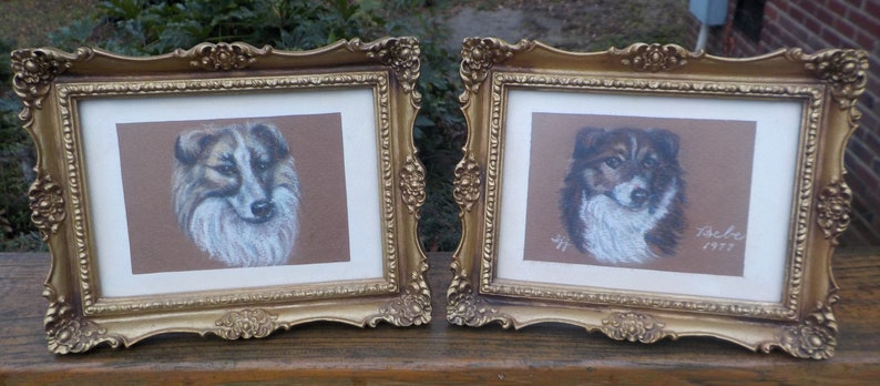Vintage MINIATURE Small Mid-century DOG PASTEL Drawings Portraits Gold French Style Plastic Frames c1970s