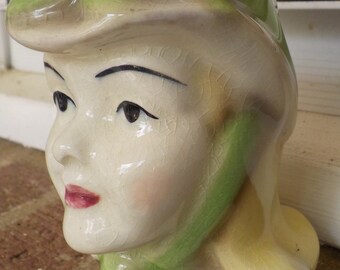 Vintage WOMAN HEAD VASE Hat w/ Green Scarf Blond hair Pottery c1940s