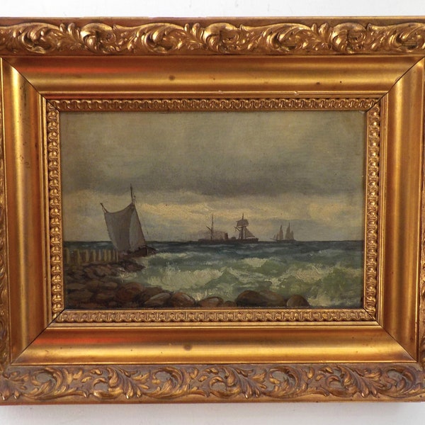 Antique Victorian , Sailing SHIPS, Steamer ,Cloudy Skies, Ocean SEASCAPE, Nautical Oil Painting, Gilt Gold Frame c1881