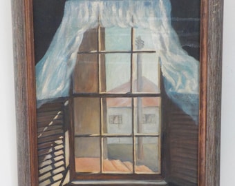 WINDOW VIEW to Sunny Day ,Sheer Curtains Blowing  Original Oil PAINTING, Framed c1960s , 14 1/2 x 18 1/2 in.