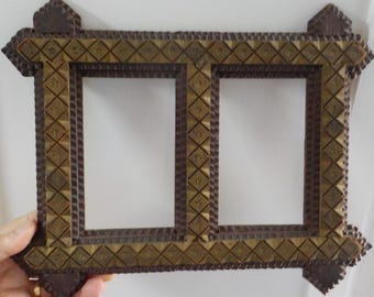 Antique TRAMP ART, Handcrafted FOLK Art,  Double Wood Picture Frame , 3 3/8 x 5 3/8 in. fit, c1910s