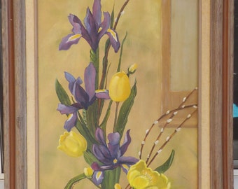Vintage Midcentury PURPLE IRIS Yellow TULIP Flowers Still Life Oil Painting Framed c1960s