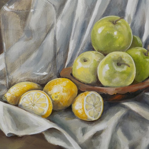 Original Still Life LEMONS & Green APPLES Glass Bottle Acrylic PAINTING shops