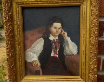 Vintage Oil PORTRAIT ,Midcentury Impressionist, Irritated YOUNG GIRL Woman in Chair ,Original Painting , Framed c1960s , 11 3/4 x 14 in.