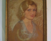 Vintage ART DECO Pastel Portrait Beautiful BLONDE Woman Framed Signed c.1920s As Found