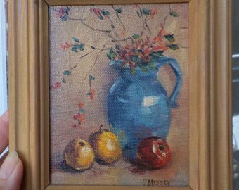 MINIATURE Still Life, BLUE Pottery Vase Flowers & Apples , Vintage Oil Painting Framed