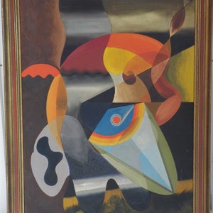 Vintage Midcentury, Colorful ABSTRACT Geometric, Large Oil PAINTING, Signed JONOBRIN, Framed c1960s , 25 1/8 x 33 1/8 in.