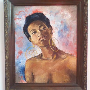 Vintage African American BLACK WOMAN, Big Earrings, PORTRAIT Painting, Framed ,c1960-70s , 20 x 24 in.