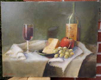 STILL LIFE Painting, Red WINE & Cheese Grapes Apple Vintage Midcentury Oil,  by M. Landeen c1970-80s , 16 x 20 in.