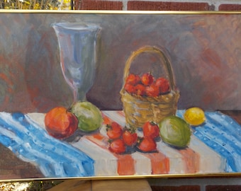 Vintage Midcentury Impressionist STRAWBERRIES Fruit Clear VASE Still Life Oil PAINTING Framed c1960s