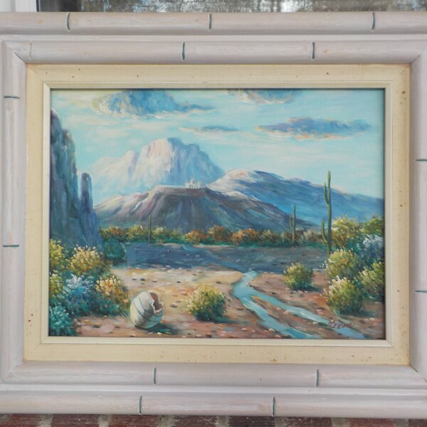 Reserved for D Vintage Retro MEXICAN DESERT Mountains Cacti LANDSCAPE Oil Painting Framed c1980s