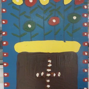 OUTSIDER Folk Art, Colorful FLOWERS in Pot ,by African American Black Artist Richard BURNSIDE, Original Painting , 11 1/4 x 15 1/4 in.