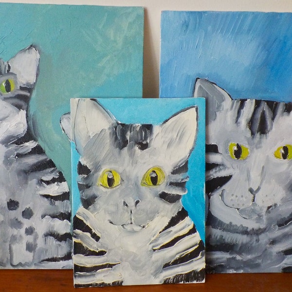 Set of 3 , Original NAIVE Primitive ,White Black Gray TABBY Striped CATS,  Blue Background, Folk Art Oil Paintings