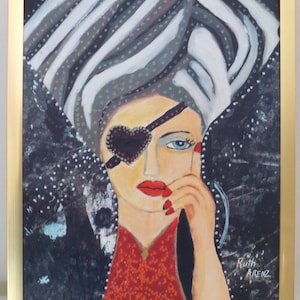 Original Pretty PIRATE LADY Fashion Diva Heart Eye Patch Mixed Media PORTRAIT Painting Framed ,11 7/8 x 14 7/8 in.